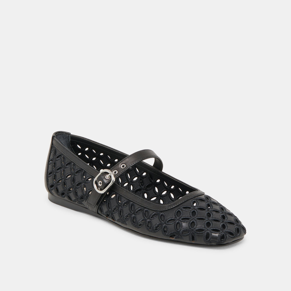 RODNI EYELET PERF BALLET FLATS BLACK LEATHER | Dolce Vita