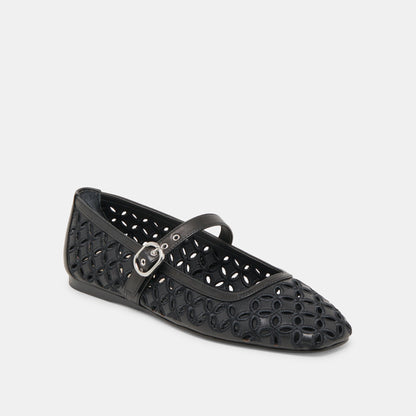 RODNI EYELET PERF BALLET FLATS BLACK LEATHER | Dolce Vita