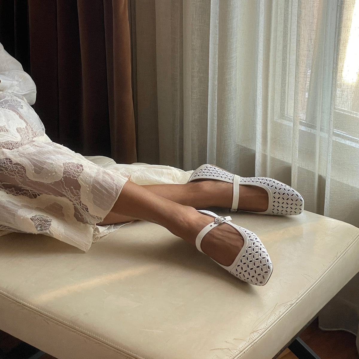 RODNI EYELET PERF BALLET FLATS TRUE WHITE LEATHER | Dolce Vita