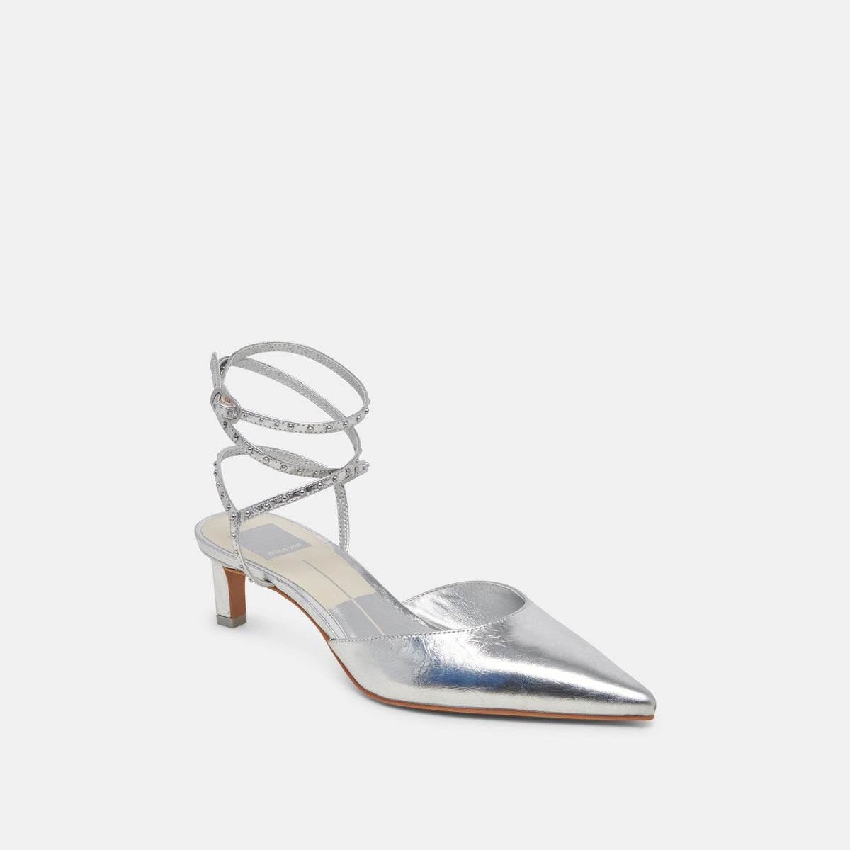 LOKLYN STUD HEELS SILVER CRINKLE PATENT | Dolce Vita