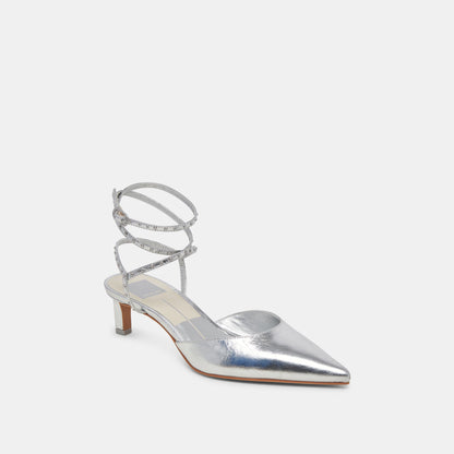 LOKLYN STUD HEELS SILVER CRINKLE PATENT | Dolce Vita