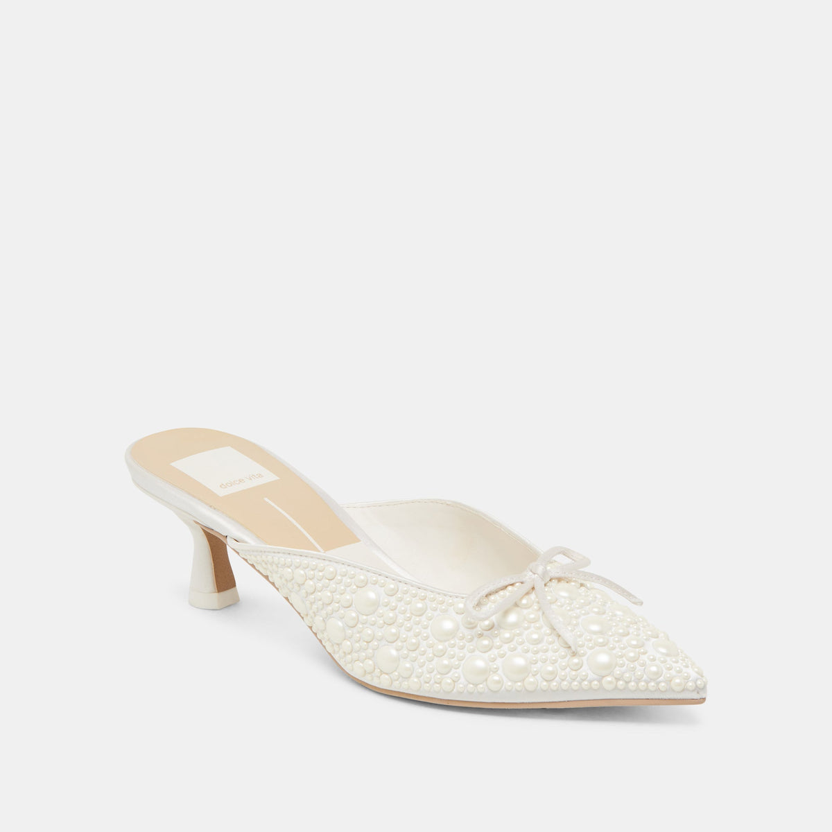 CLAYTN PEARL HEELS TRUE WHITE SATIN | Dolce Vita