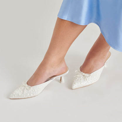 CLAYTN PEARL HEELS TRUE WHITE SATIN | Dolce Vita
