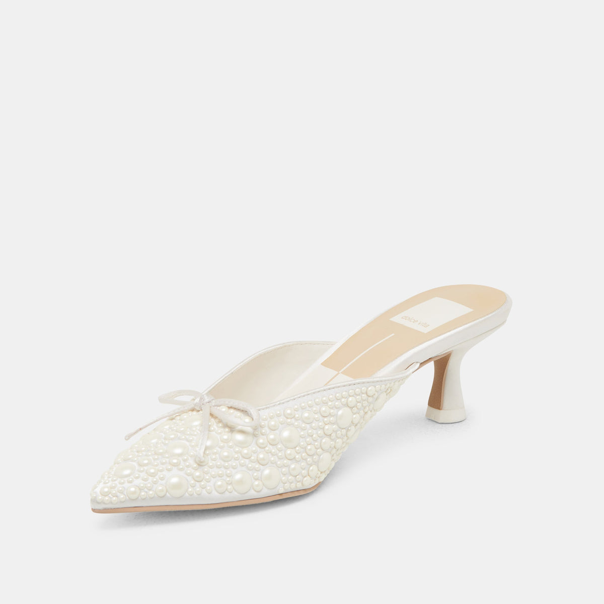 CLAYTN PEARL HEELS TRUE WHITE SATIN | Dolce Vita