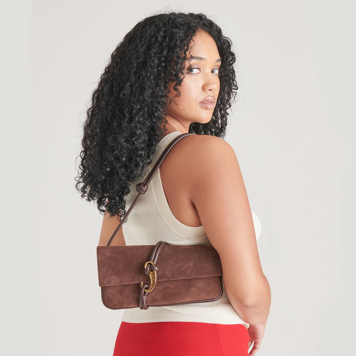 Alice Chocolate Suede Shoulder Bag | Dolce Vita
