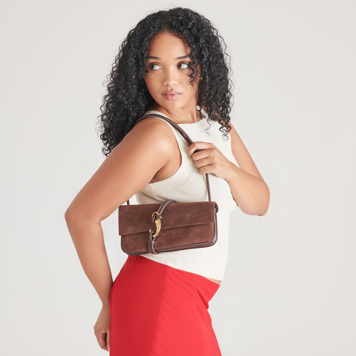 Alice Chocolate Suede Shoulder Bag | Dolce Vita