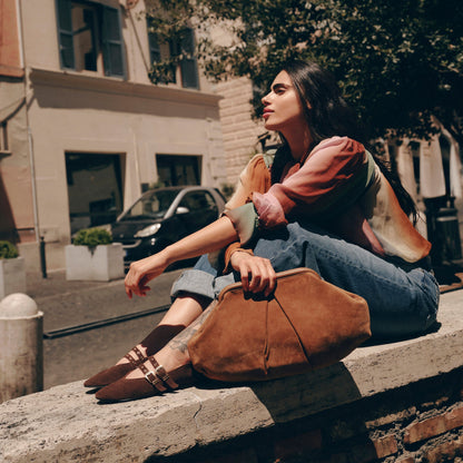 Sahara Cognac Suede Clutch | Dolce Vita