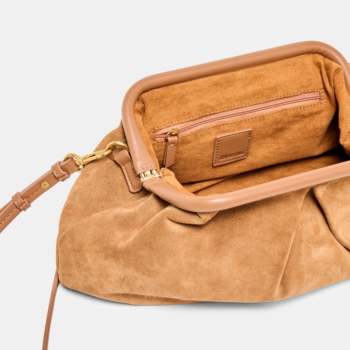 Sahara Cognac Suede Clutch | Dolce Vita