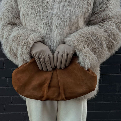 Sahara Cognac Suede Clutch | Dolce Vita