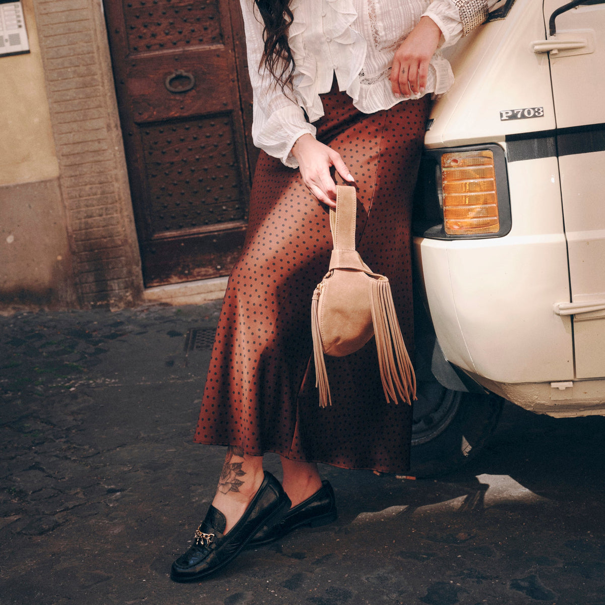 Zury Camel Suede Handbag | Dolce Vita