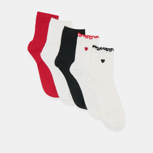 5 Pack Embroidered Rib White Black Multi Anklet Socks | Dolce Vita
